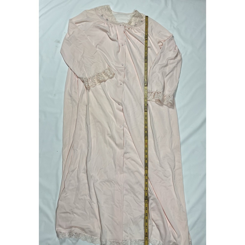 Shadowline Long Robe Pink Peach Nylon Lace Button Front Romantic VTG Size Large - Picture 8 of 11